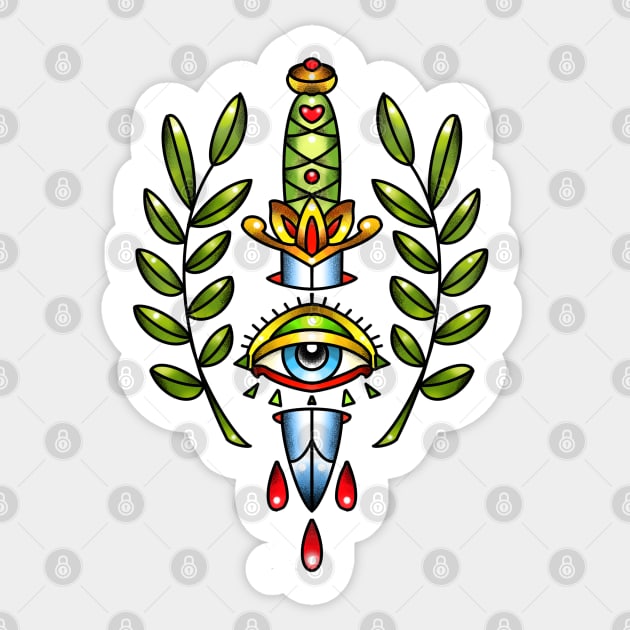 Dagger with eye and leaves Sticker by weilertsen